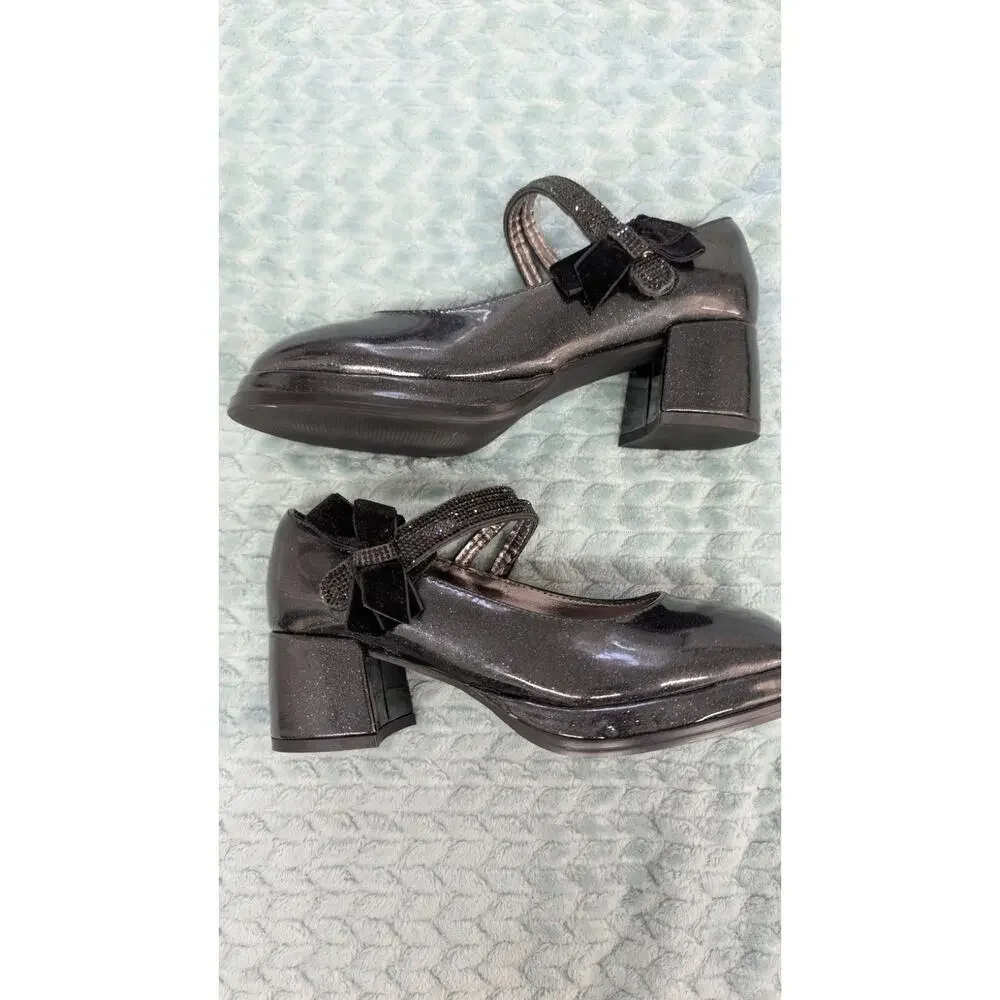 Vince Camuto Size 5 Big Kid Black Mary Jane Heels Rhinestone Bow 7 Women